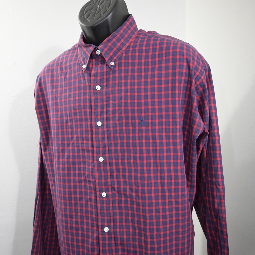 Ralph Lauren Button Up Dress Shirt Mens XL Blake Red Blue Gingham Plaid Cotton